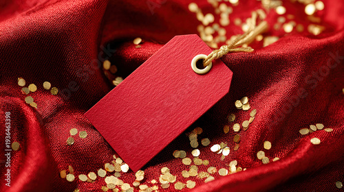 Wallpaper Mural Blank red tag on red silk fabric with gold details. Premium branding mockup for fashion labels, product packaging, holiday promotions Torontodigital.ca