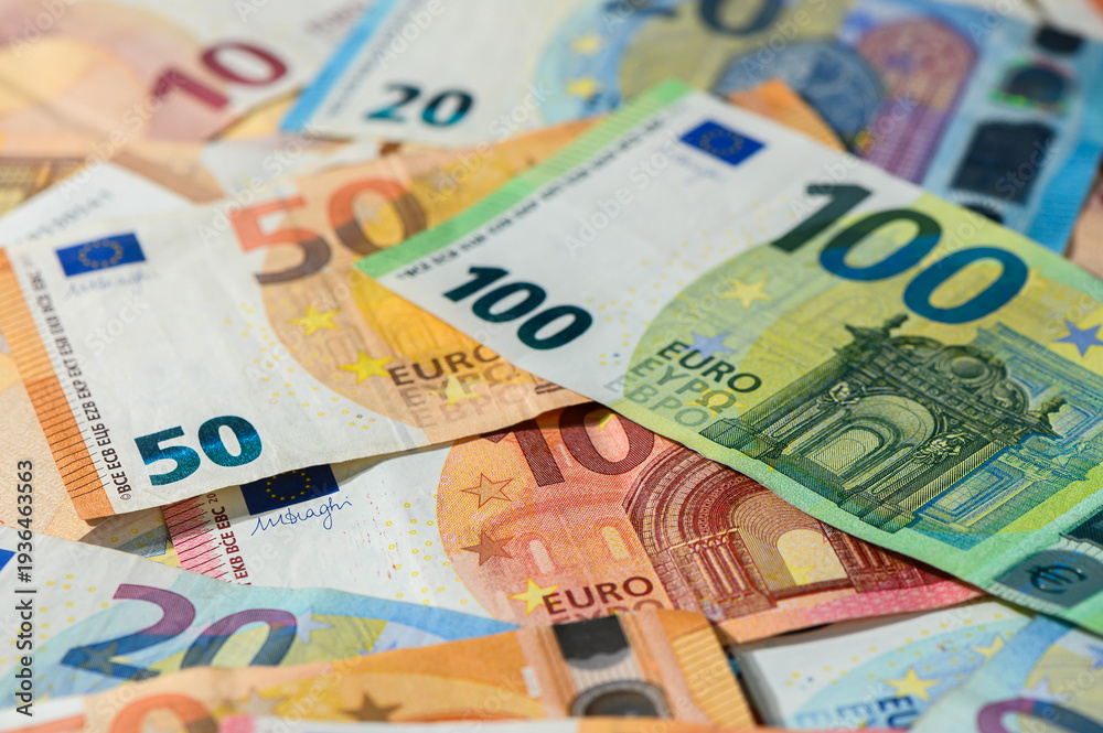 Obraz premium Euro banknotes on table closeup macro shot