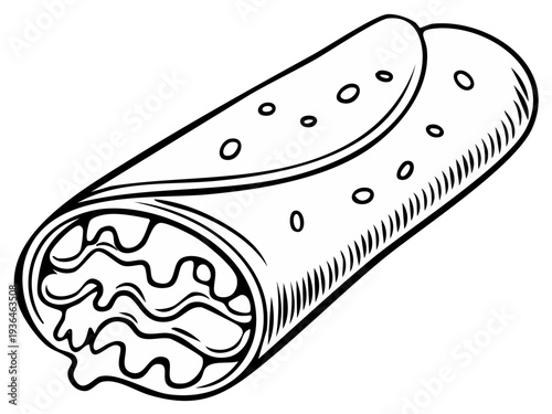 Hand drawn illustration of a delicious Mexican burrito filled with savory ingredients