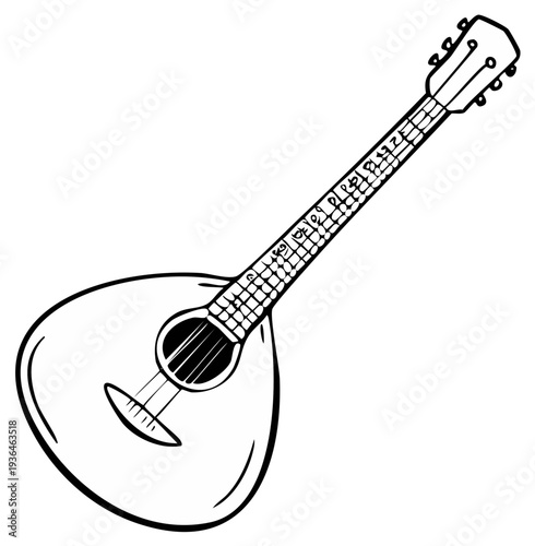 Hand-drawn sketch of a bouzouki. Stringed musical instrument illustration.