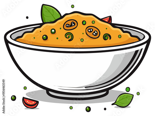 Cartoon illustration of a white bowl filled with soup, vegetables, and garnish.