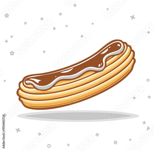 Delicious dessert illustration of churro with chocolate topping, cartoon food design.