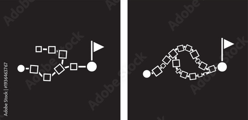 Complex and Winding Route Path Icons from Start Point to Finish Flag for Journey, Strategy, and Problem Solving Concepts