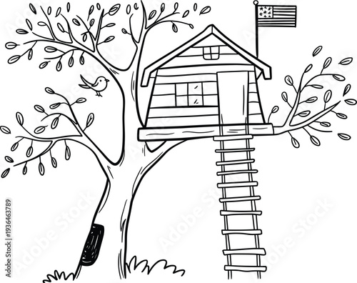 Whimsical treehouse drawing, black and white outdoor illustration, childhood adventure clipart, playful kids activity design with ladder, swing, and flag