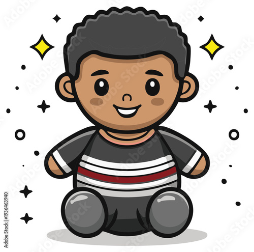 Cute cartoon boy character with curly hair, smiling and glowing with stars around him