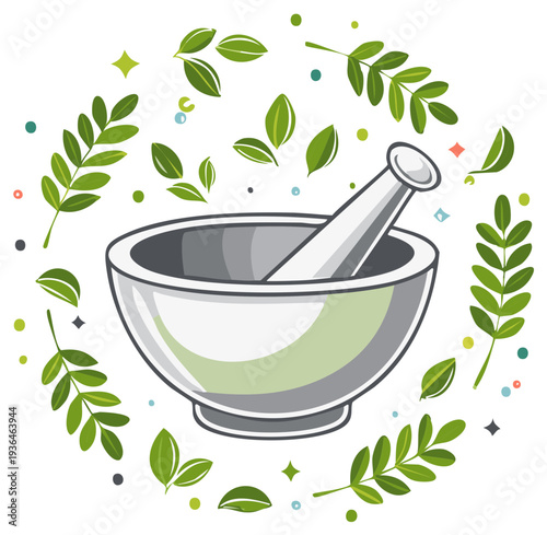 Illustration of a mortar and pestle with leaves for a natural health concept.