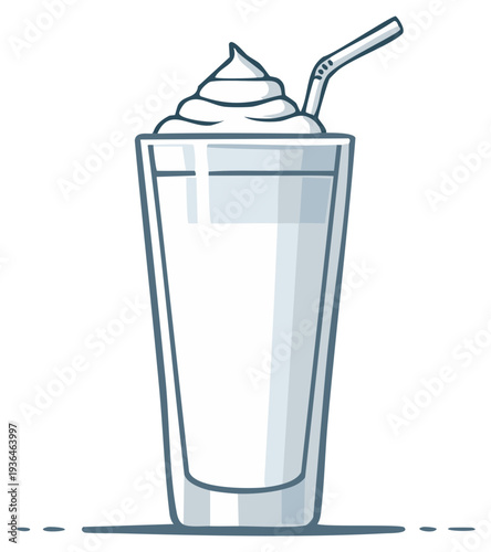 Whimsical cartoon drawing of a refreshing milkshake topped with whipped cream and a straw