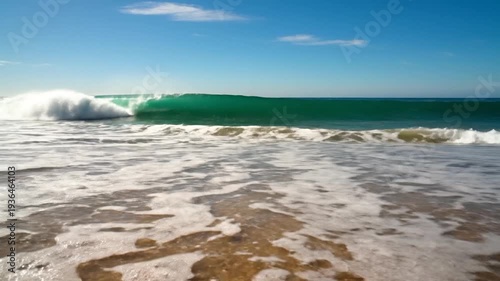 Beautiful ocean waves crashing onto a golden sandy beach under a clear blue sky