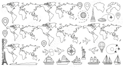 World Map Travel Icons Illustration.