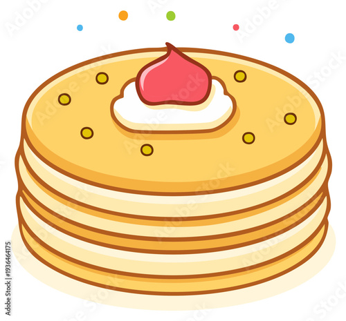 Sweet cartoon stack of pancakes with whipped cream and jam topping vector illustration