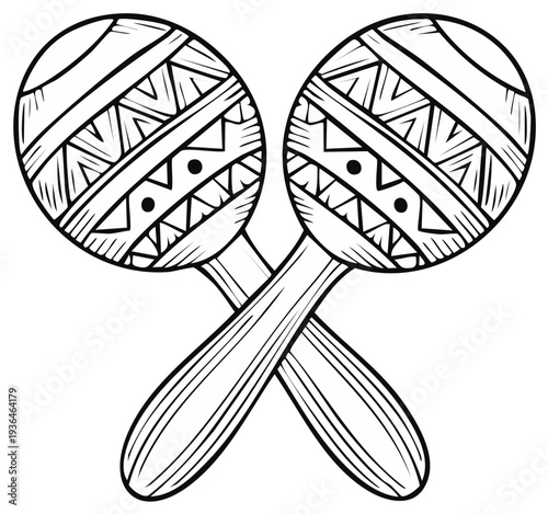 Hand-Drawn Crossed Maracas: Shakers with Ethnic Pattern - Musical Instrument Illustration