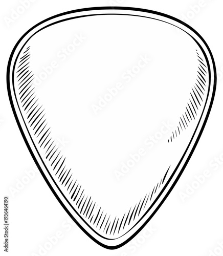 Monochrome illustration of a guitar pick with etched lines, perfect for music concept art.