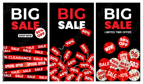 Red foil sale flyer with Big sale text, banner with tag, iridescent discount tape on black background, up to 50% off promotion, modern shopping advertisement template. Vector EPS