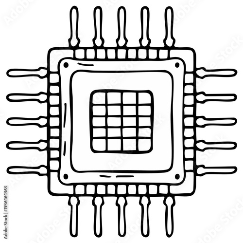 Hand drawn illustration of a square microchip with protruding pins, symbolizing technology and computing.