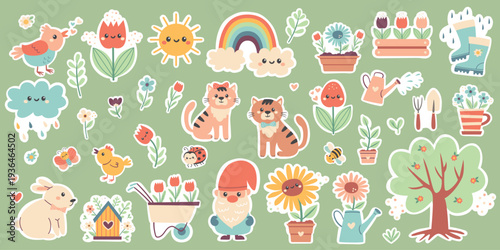 A collection of spring stickers with cute flowers, birds, animals, and other spring elements. Hand drawn flat cartoon elements.