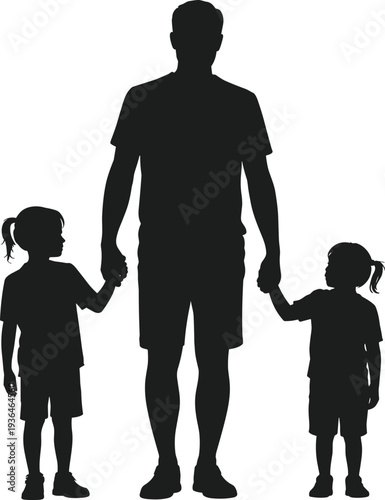 Father holding hands with two children silhouette vector family