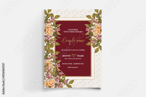 WEDDING INVITATION FRAME WITH FLOWER DECORATIONS AND FRESH LEAVES