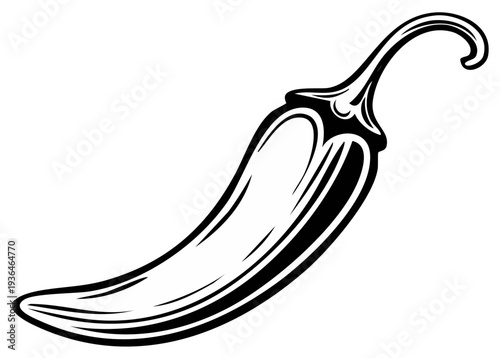 Bold black and white illustration of a chili pepper with a curved stem