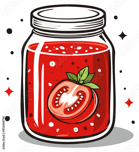 Cartoon illustration of a jar of tomato jam with a half tomato and basil inside