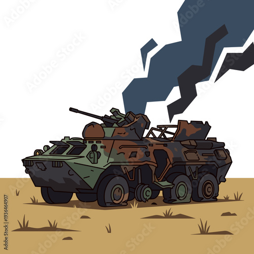 Destroyed armored military vehicle with smoke rising in barren field aftermath of battle concept of war devastation