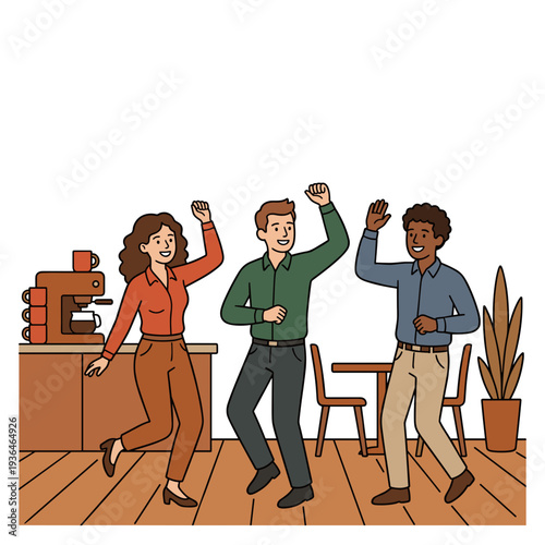 Happy diverse coworkers dancing near office break room with coffee machine celebrating teamwork and positive workplace culture
