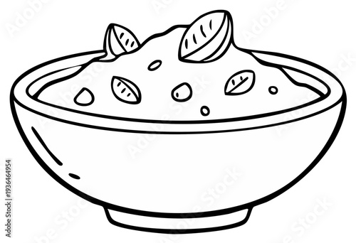 Line art illustration of a bowl filled with chunky dip or guacamole garnished with leaves and seeds