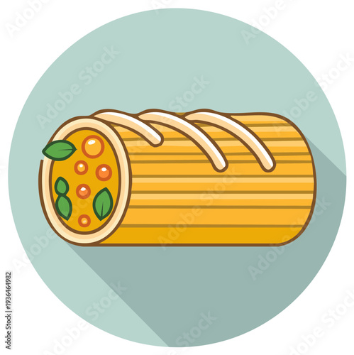 Cannelloni Pasta Dish Icon with Sauce and Basil Leaves Vector Illustration