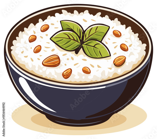 Illustration of a Bowl of Rice Topped with Almonds and Basil Leaves, Simple Asian Cuisine and Food Styling