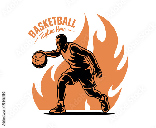 A basketball player in motion, dribbling the ball with flames in the background.