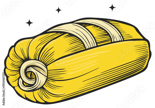 Illustration of a yellow Tamale traditional Mexican food wrapped in corn husk