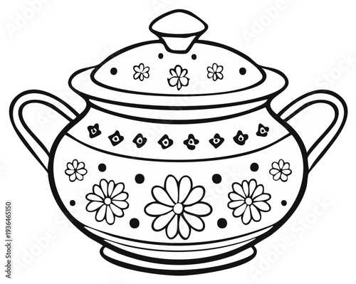 Line art drawing of ornate ceramic pot with floral pattern, simple outline illustration of a kitchen vessel for design elements