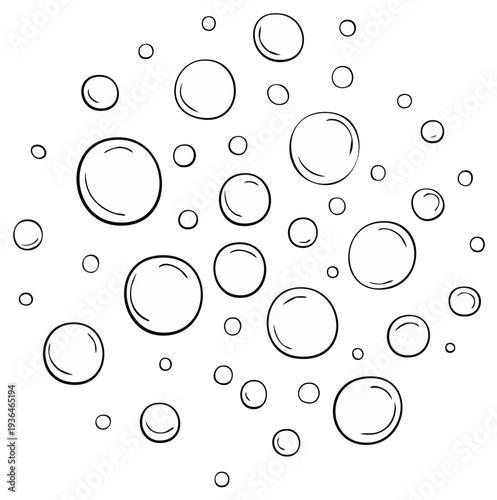 Outlined black and white bubbles floating, circular shapes, bubble design, soap foam.