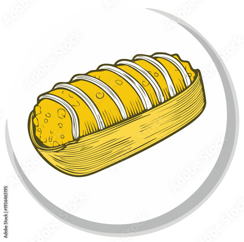 Hand drawn illustration of a delicious corn dog with yellow bun and white stripes