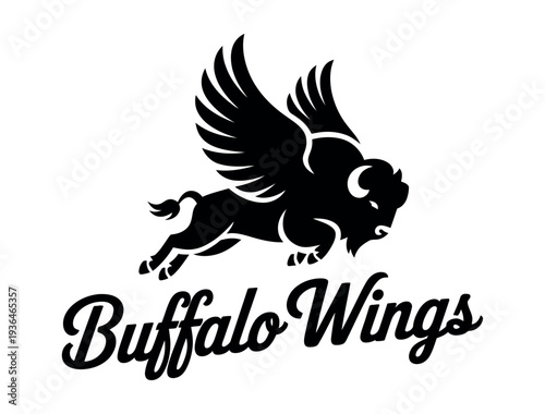 A stylized black and white logo of a winged buffalo with the words Buffalo Wings written below it.