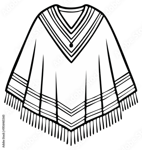Black and white simple illustration of a poncho with fringe, a classic traditional garment design and outerwear piece for warmth