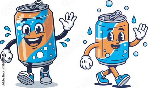 Cartoon Soda Can Mascot Vector Illustration Set with Waving and Walking Poses, Featuring Blue and Orange Design with Bubbles and Water Drops, Ideal for Beverage Marketing