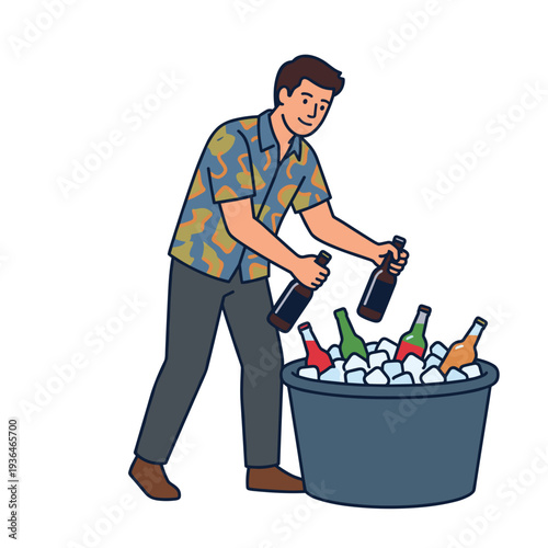 Young man placing assorted bottles into ice bucket preparing cold beverages for summer party refreshment concept