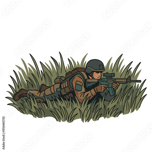 Camouflaged sniper lying in tall grass aiming rifle during military field operation defense concept