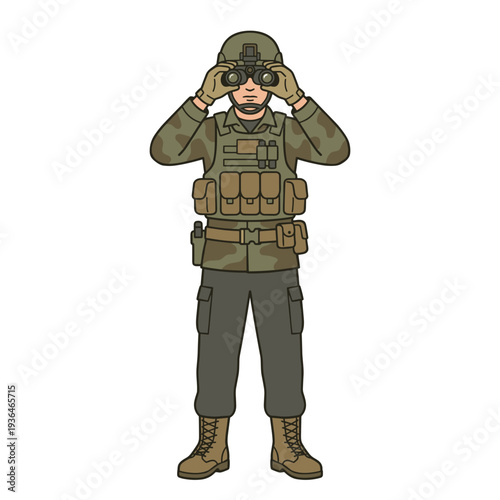 Modern soldier adjusting night vision goggles in full combat gear security and surveillance concept