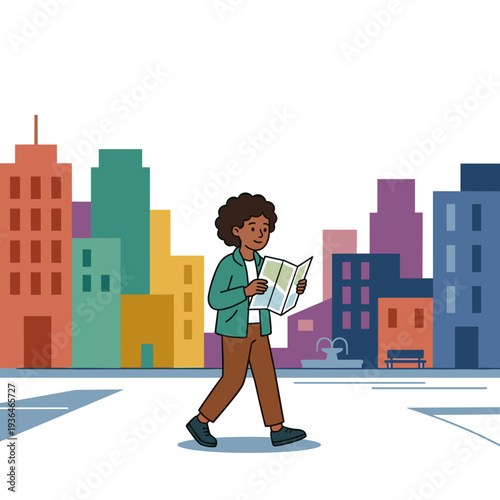 Young tourist walking across city square reading map travel navigation concept