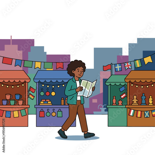 Traveler exploring souvenir market stalls with international flags cultural tourism concept