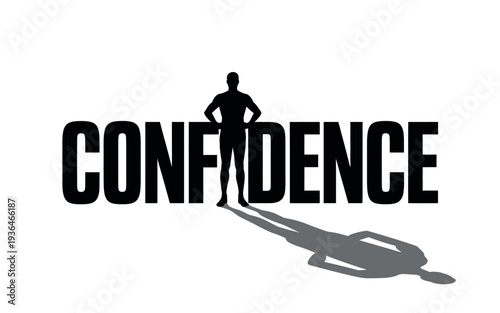 A confident man standing in front of the word confidence with a shadow of a pen