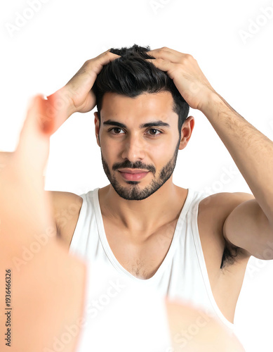 A man gazes at his reflection in a mirror, adjusting his dark hair. He wears a white tank top and has a beard
