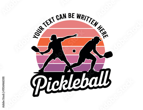 A vibrant pickleball logo featuring two players in action against a colorful sunset background with customizable text