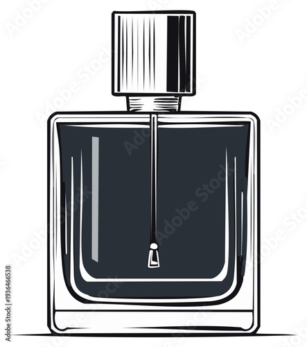 Illustration of a classic cologne bottle in black and white