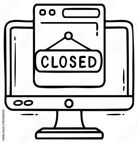 Outline drawing of a computer screen displaying an error message with a 'closed' sign hanging, isolated on white