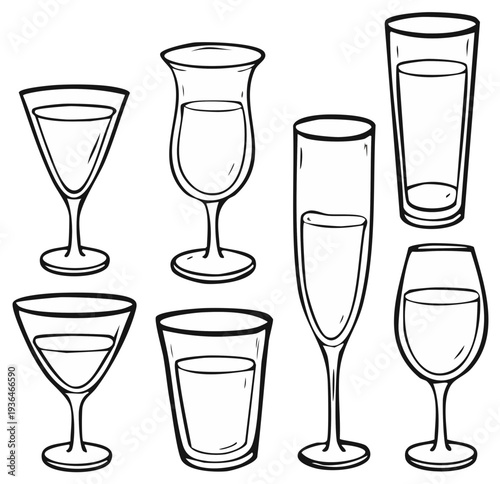 Diverse Hand Drawn Cocktail Glasses and Drinkware Collection Artistic Outline Illustration