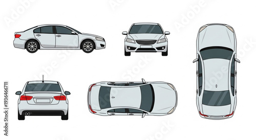 White Car Multiple Angles Isolated.