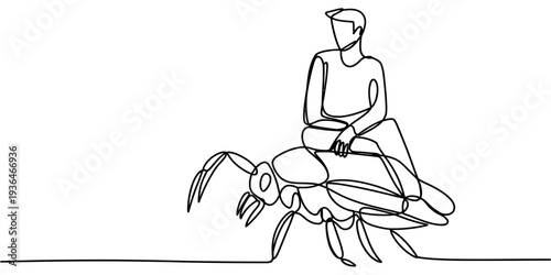 Man riding lobster surreal minimalist one line vector illustration