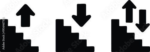 Staircase Navigation and Direction Icon Set, Up and Down Stairs Architectural Symbols, Wayfinding Stairway Instruction Icons, vector, illustration, silhouette.